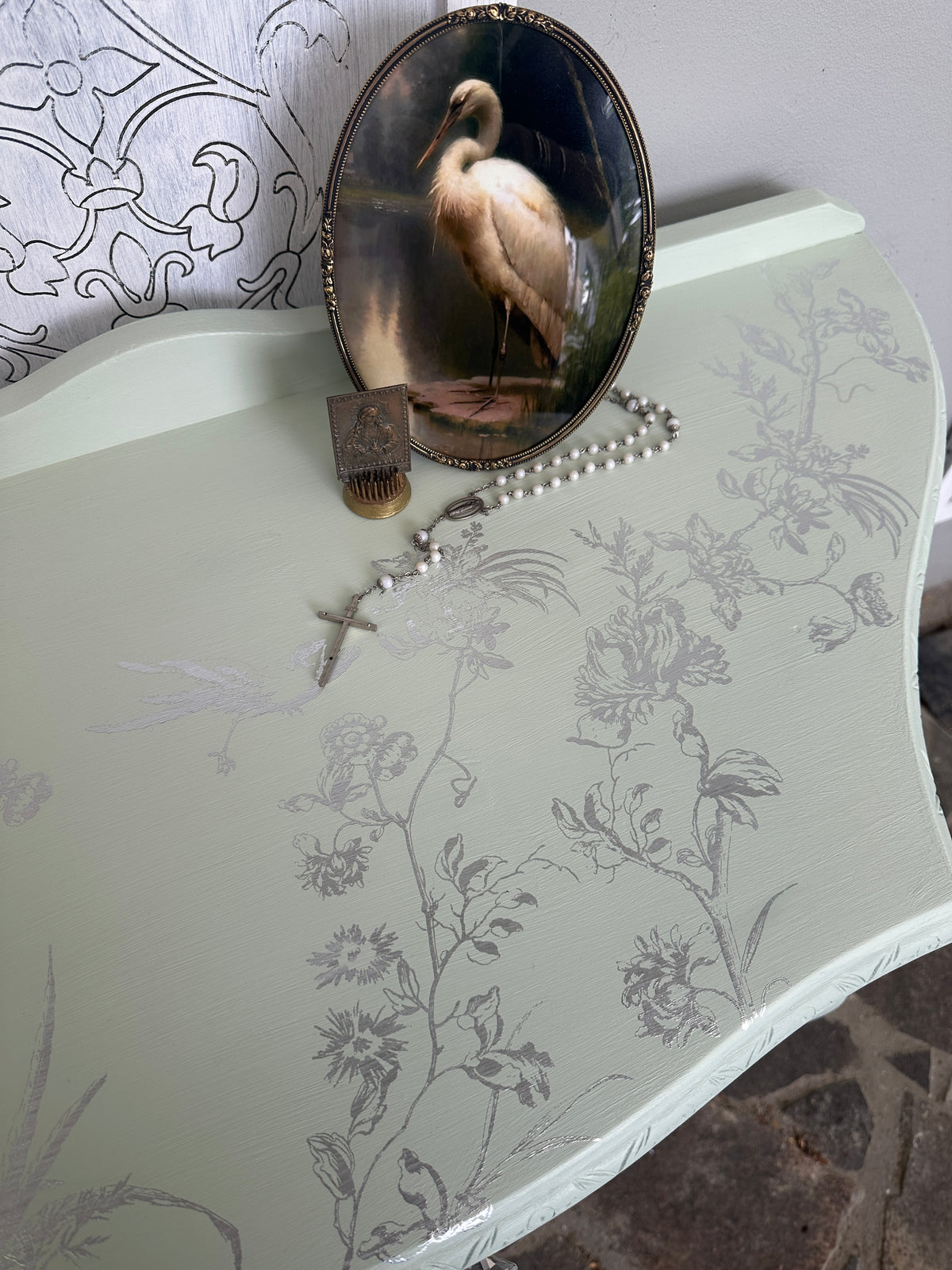 Mint & Silver Bird Demi Lune Table