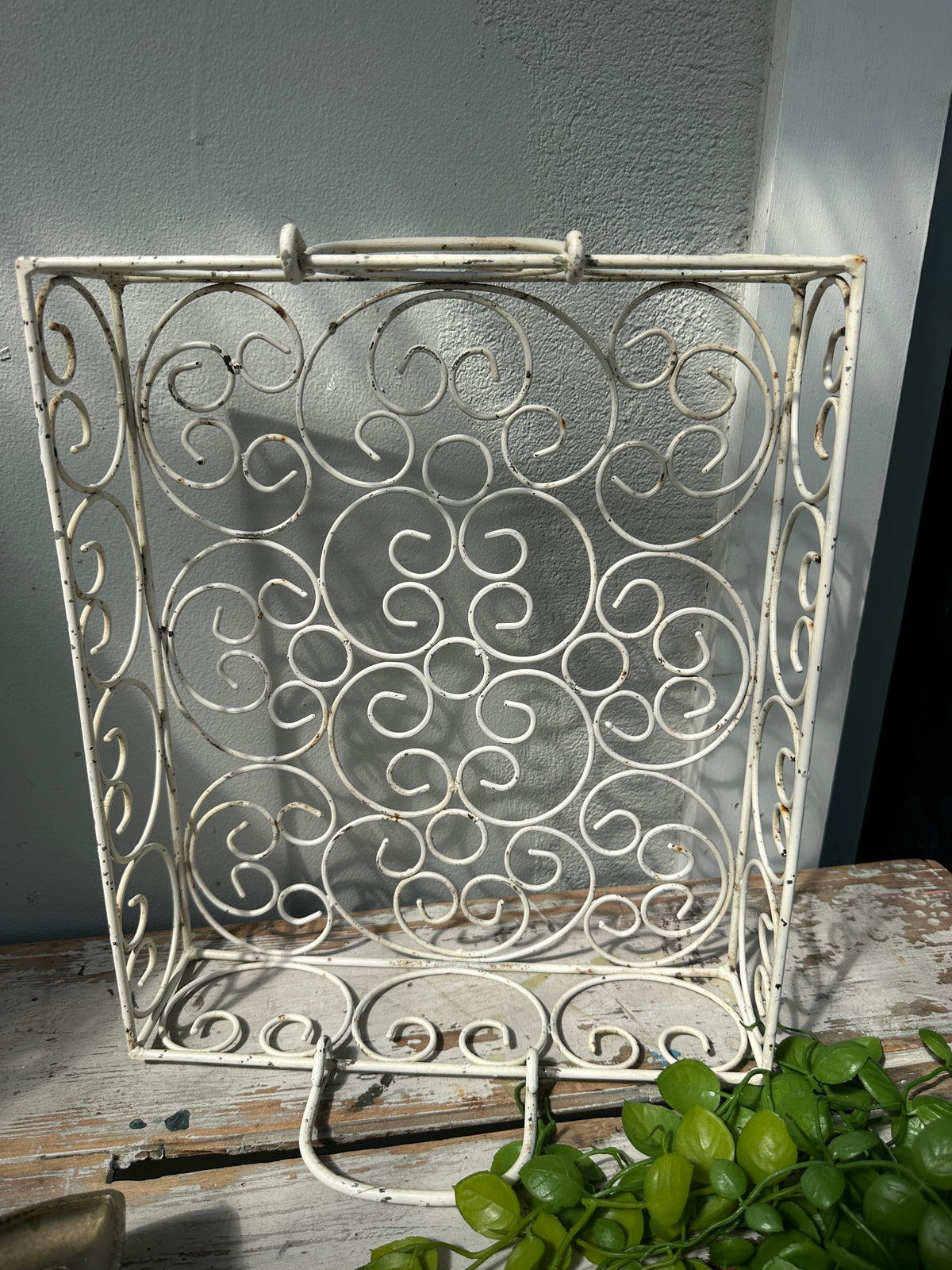 Rustic White wrought iron tray with handles