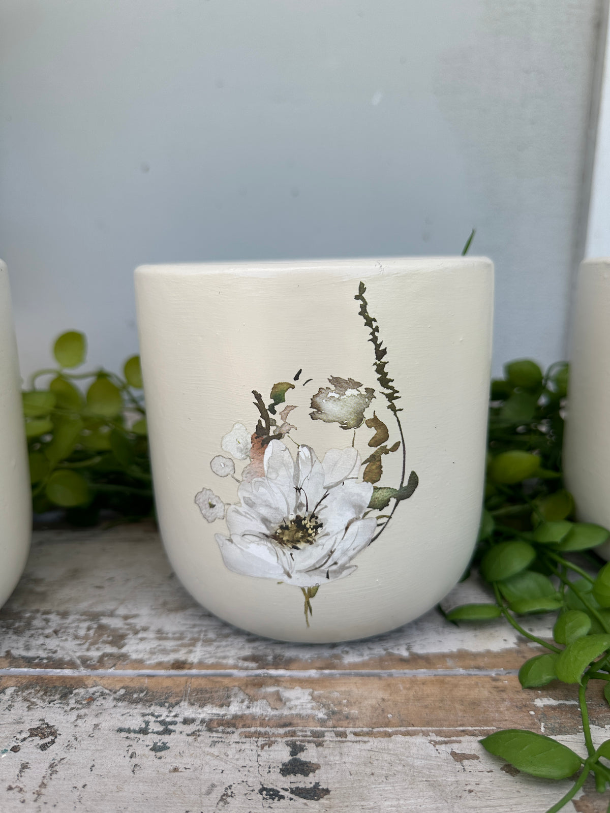 Hand painted Ceramic Pot linen w neutral floral