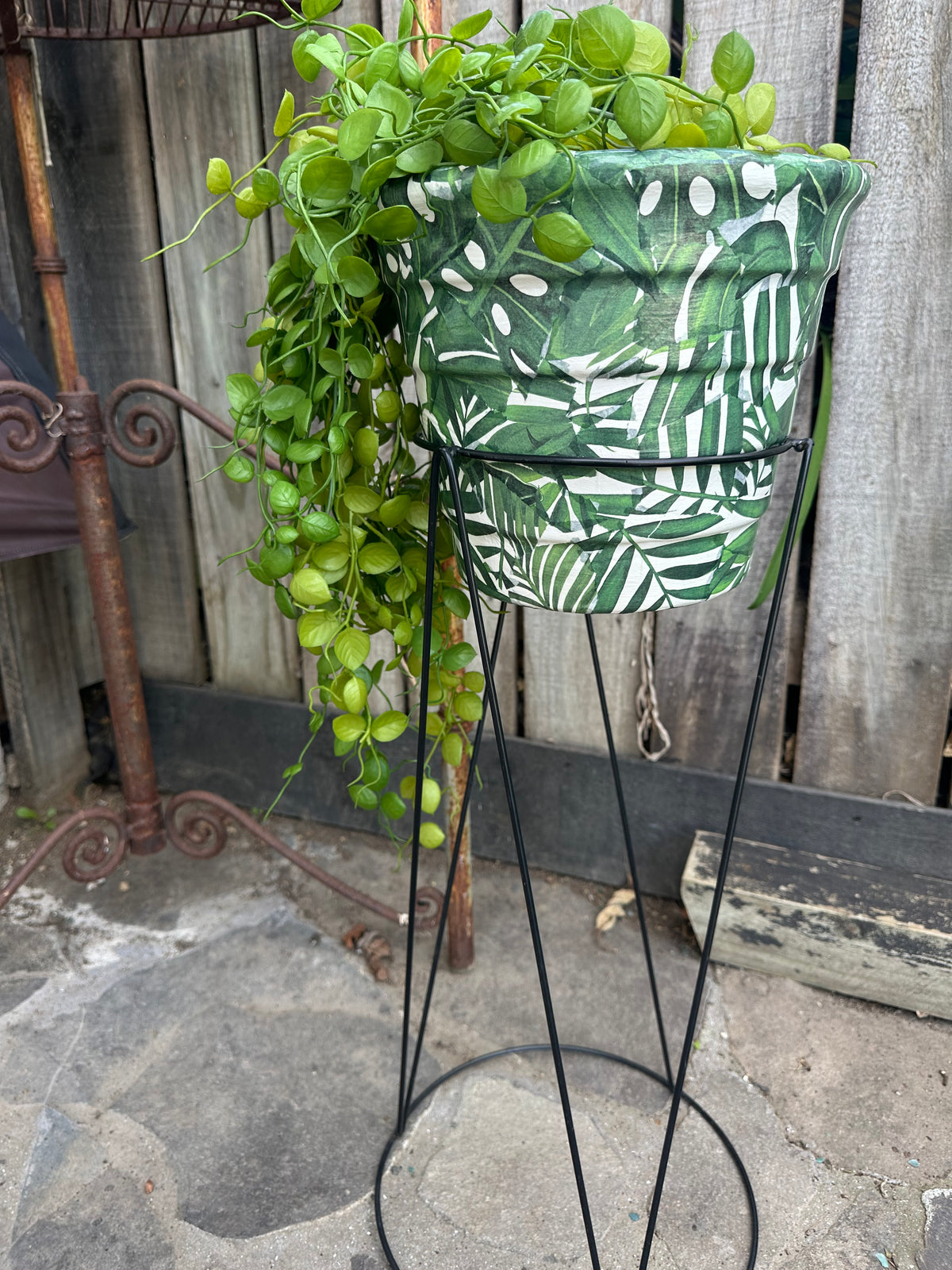 Decoupaged Plant pot with metal stand - painted ex the PMV studio