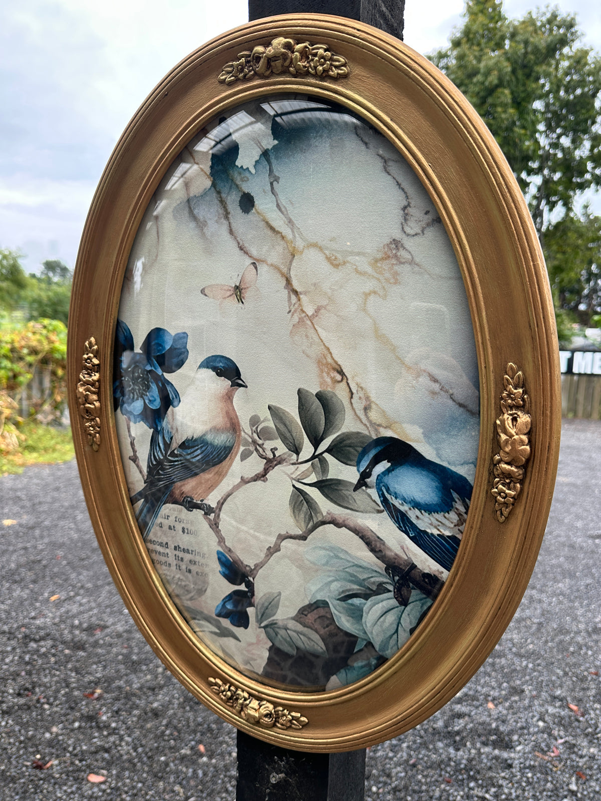 Olde Gold Frame w bubble glass and Sapphire Birds