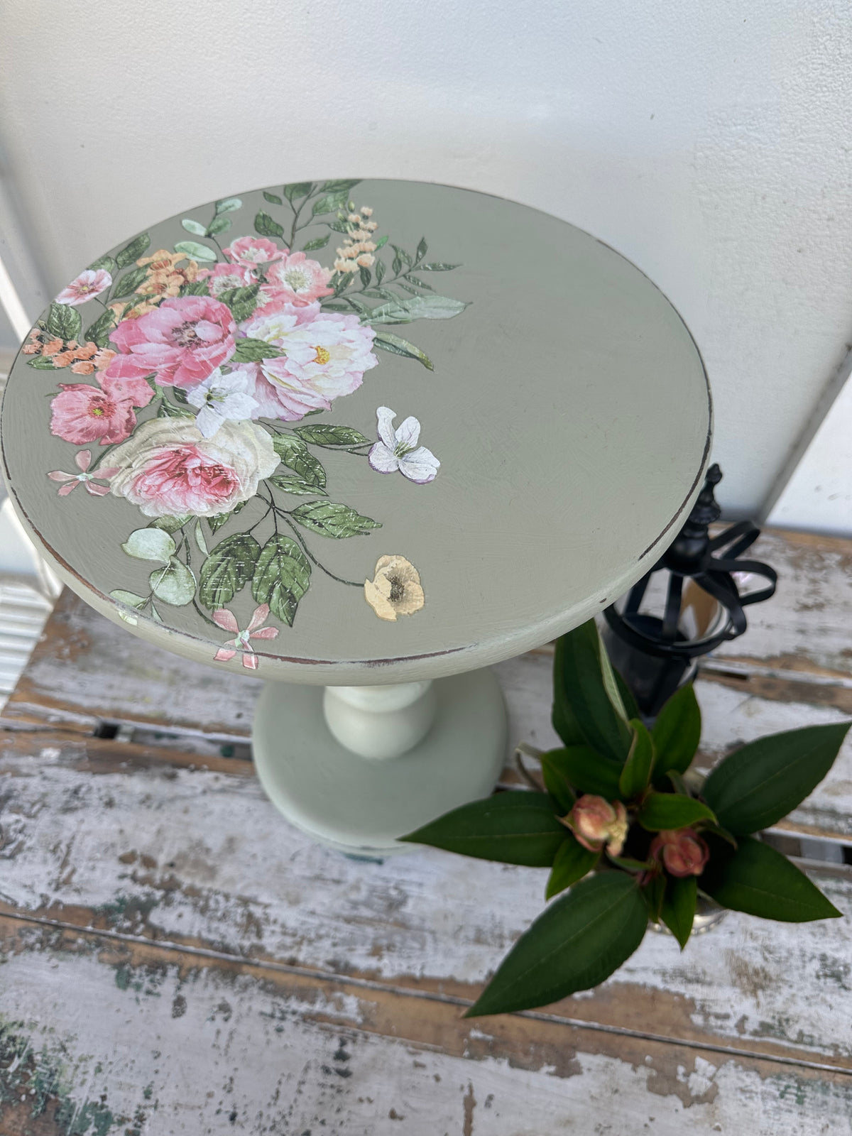 Wooden Riser stand in Sage and floral - painted ex the PMV studio