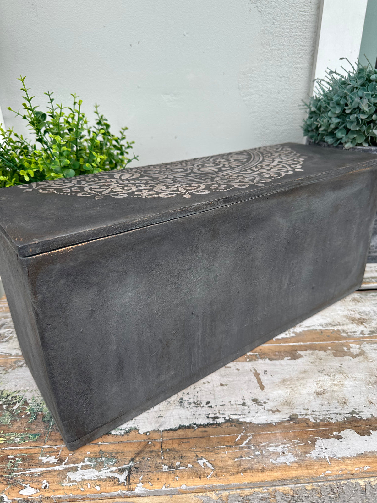 Rustic Glam storage box with raised stencil