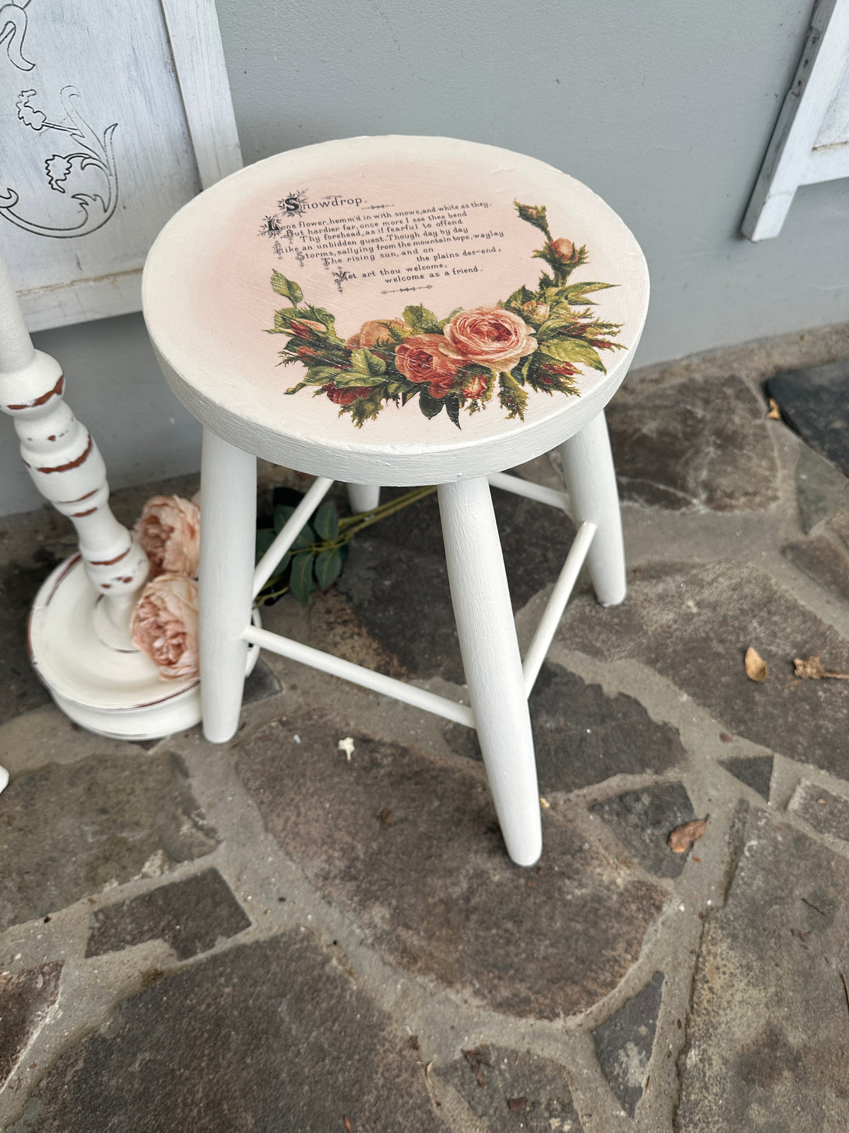 Stool table White & Pink floral