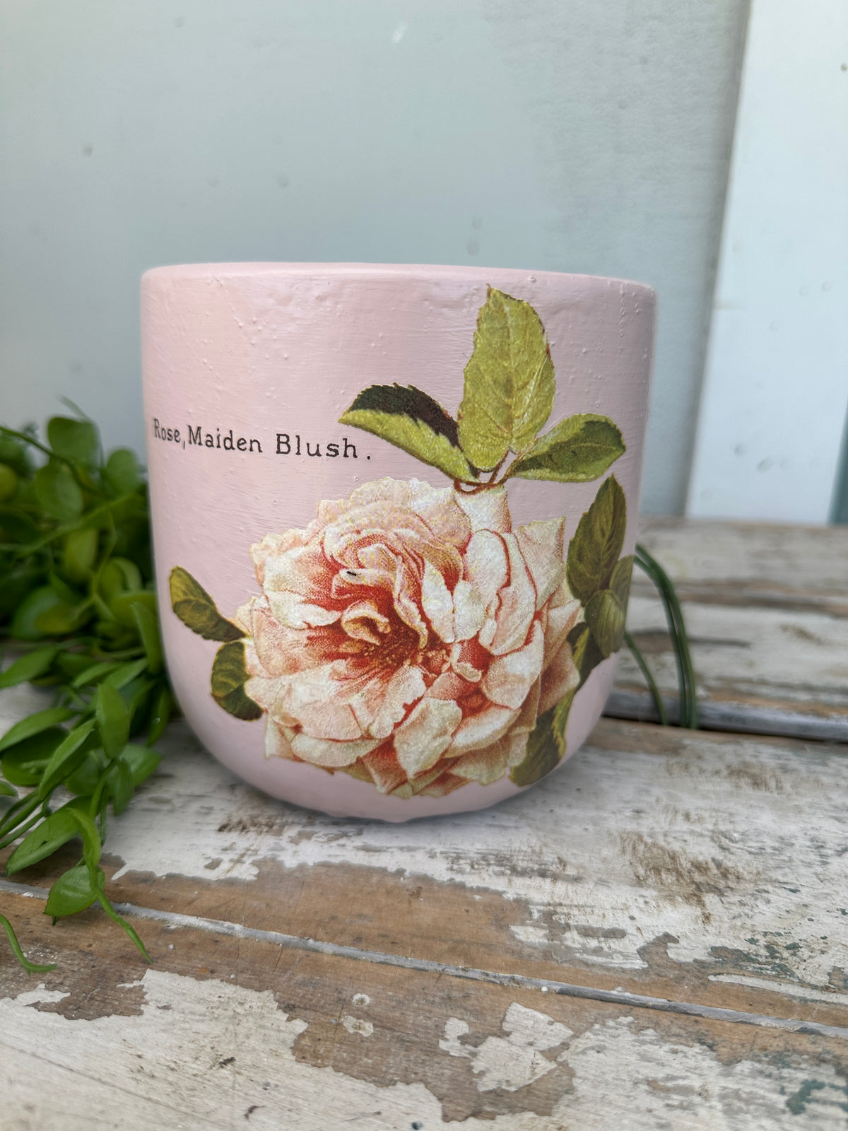 Hand painted Ceramic Pot pink w blush rose