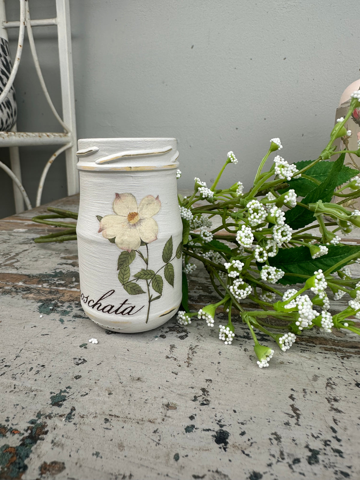 Glass bottle white with cream floral ex the PMV studio