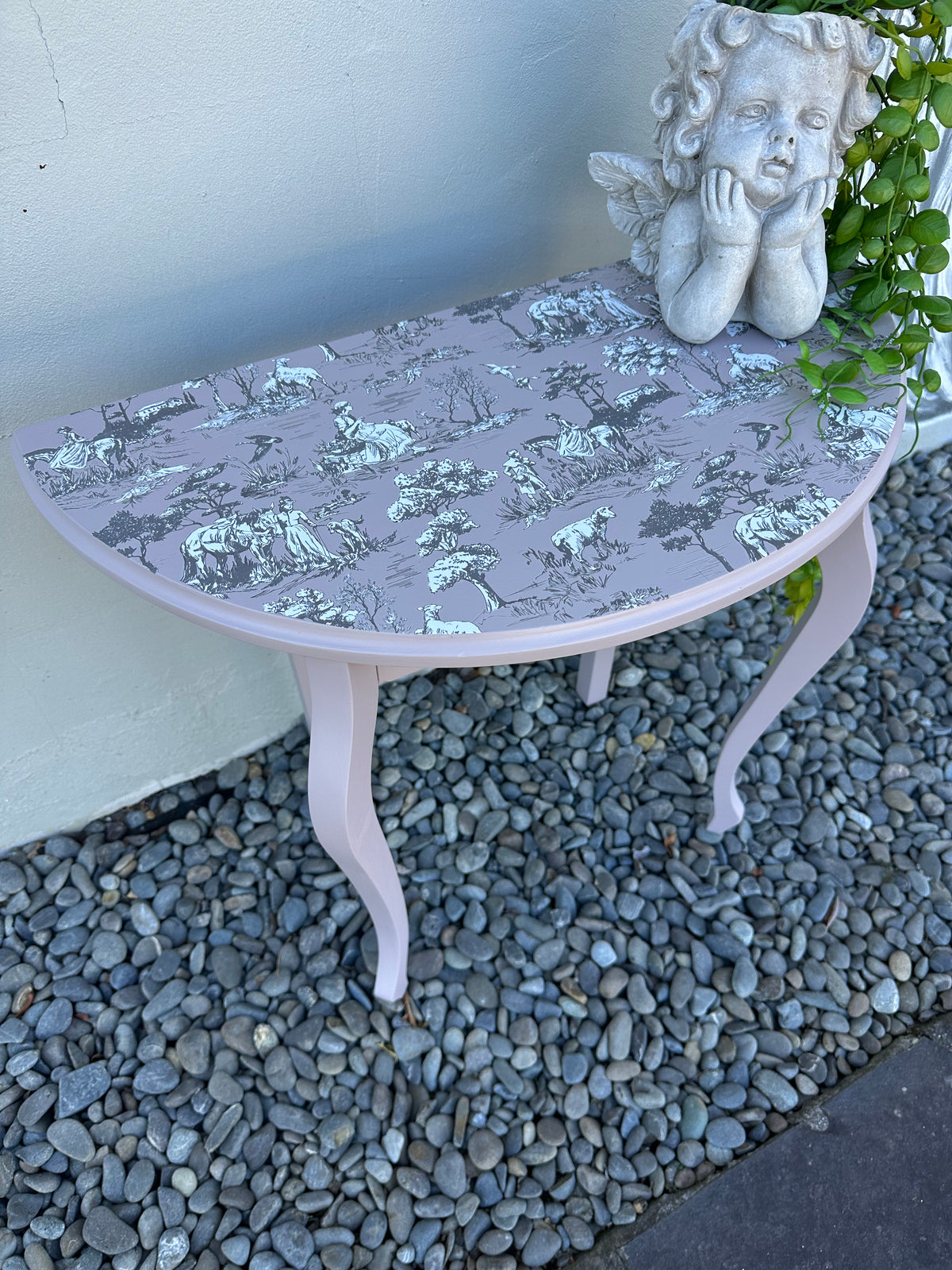 Simple Demi Lune table in Toile and Izabellars Room