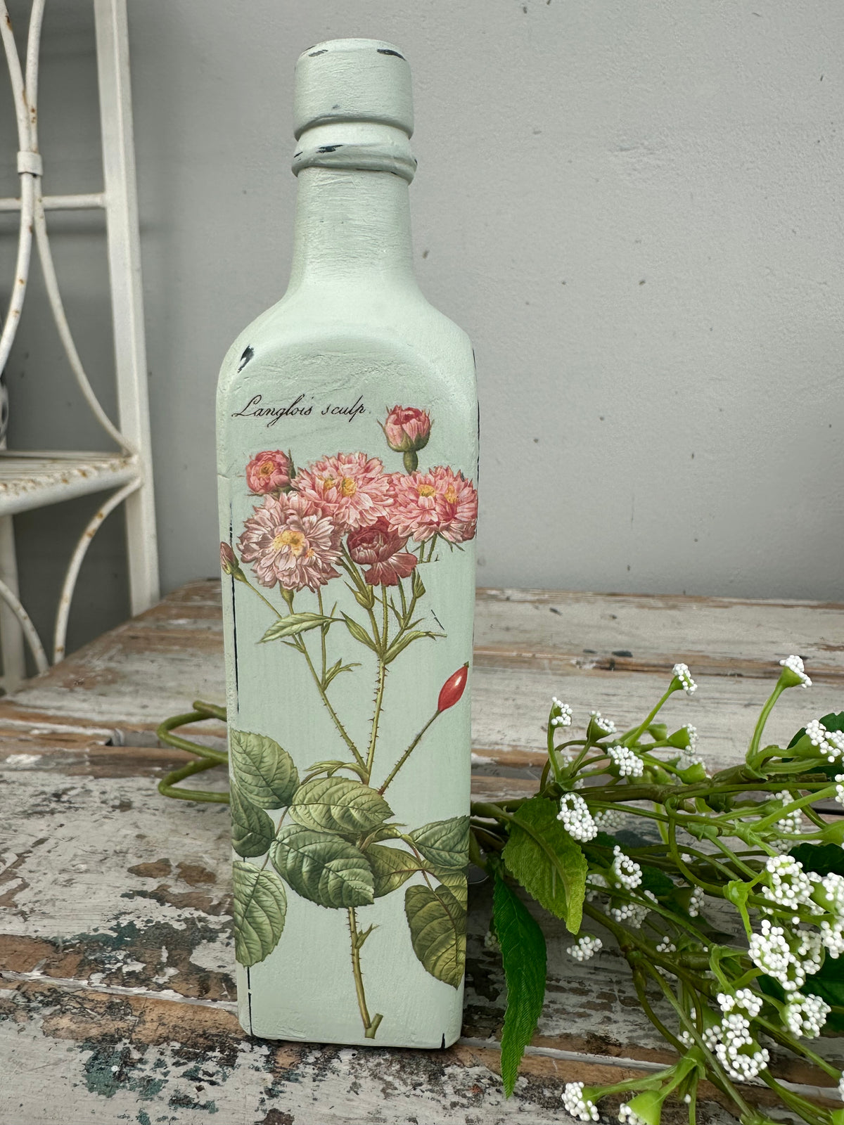 Glass bottle tall Duckegg with pink floral- ex the PMV studio