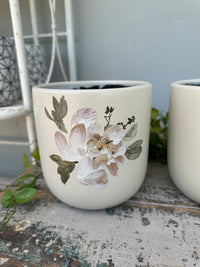 Hand painted Ceramic Pot linen w white neutral flower