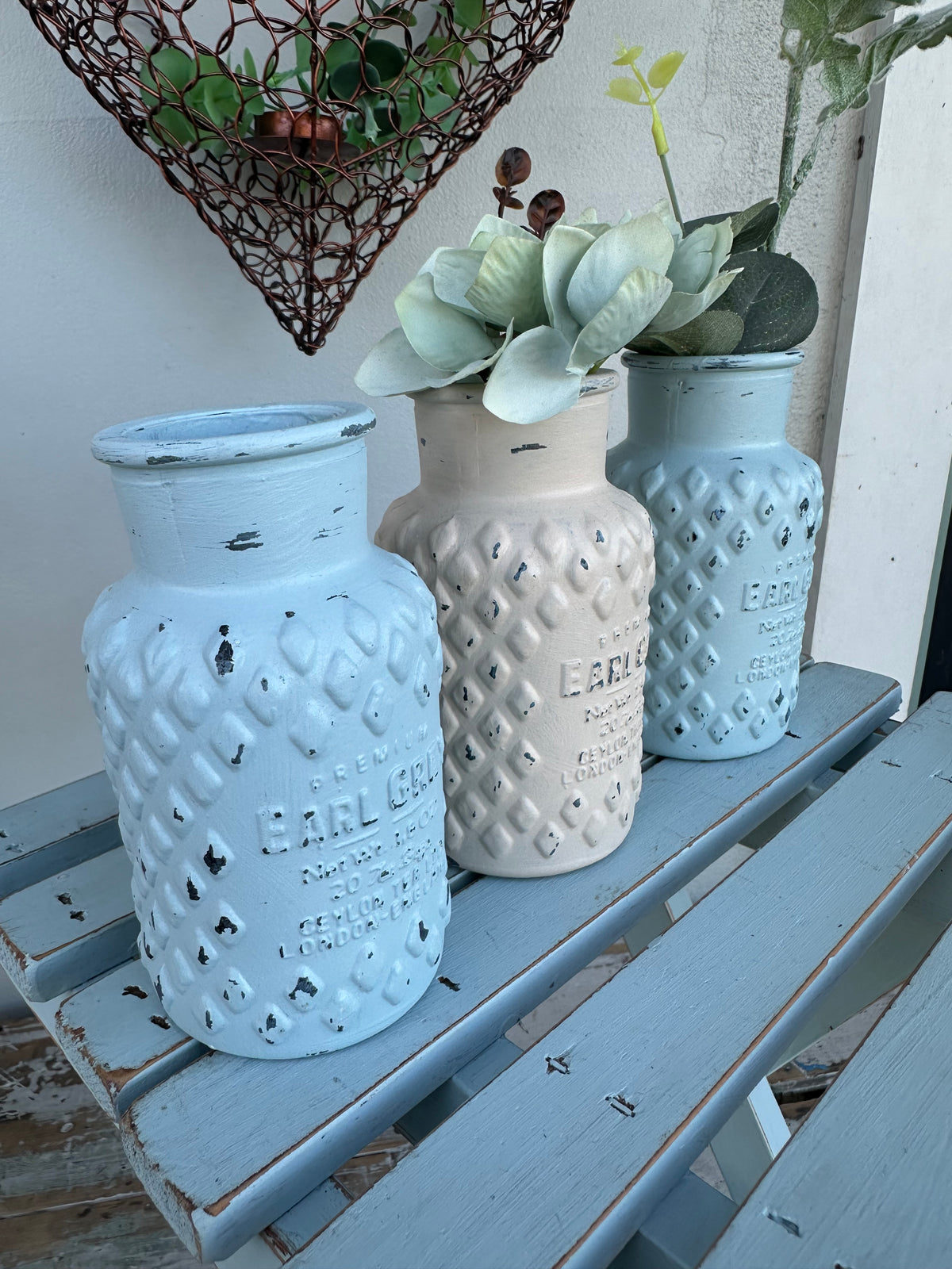 Glass bottle Vase hand painted Blue