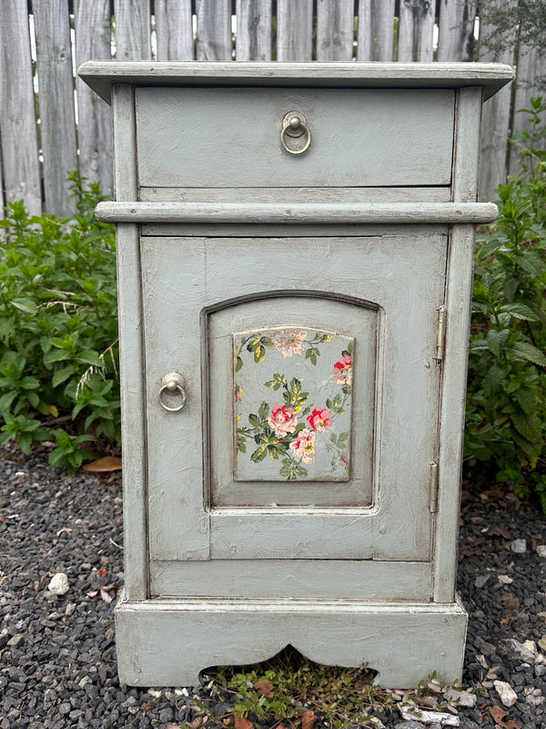 Rustic Duck Egg Bedside table with floral touch - PAINT ME VINTAGE NZ