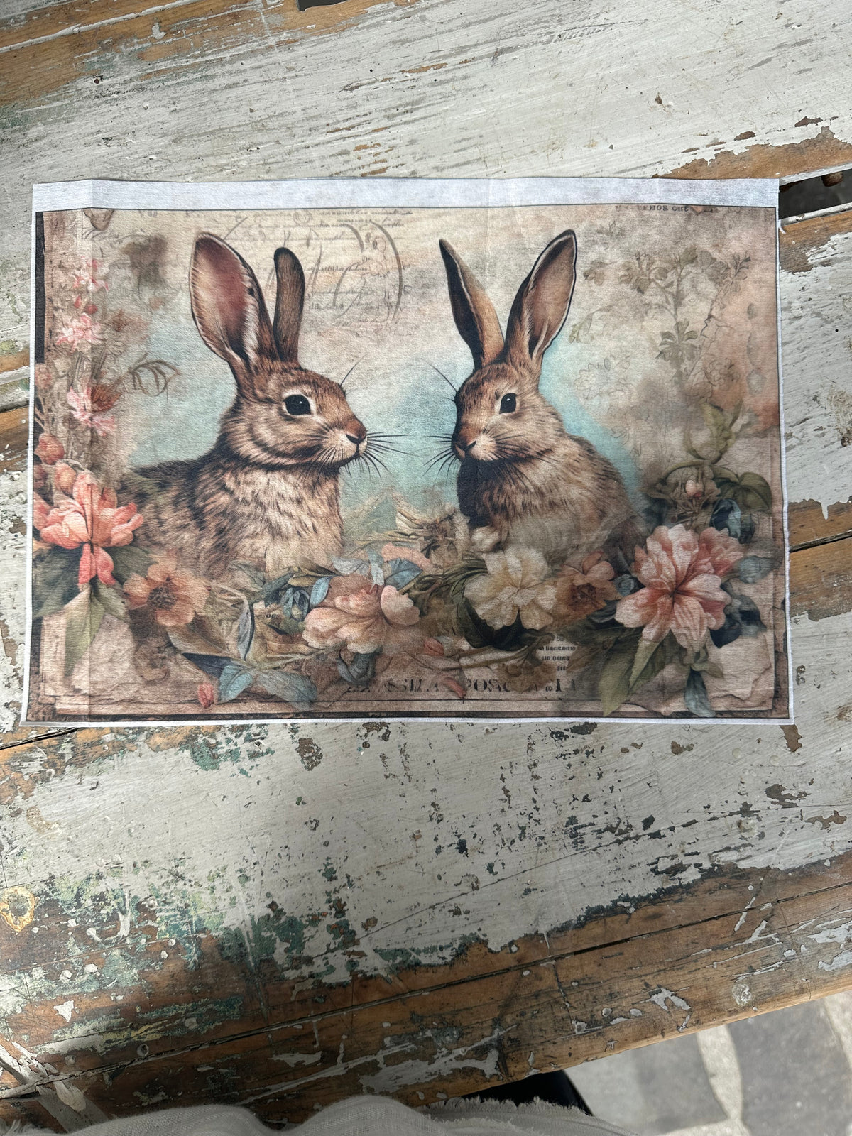 Bunny x 2 facing each other with florals Paper for Decoupage A6