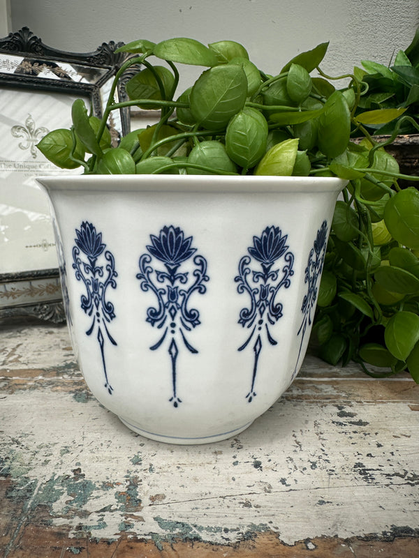 Blue & White Planter w drainage hole