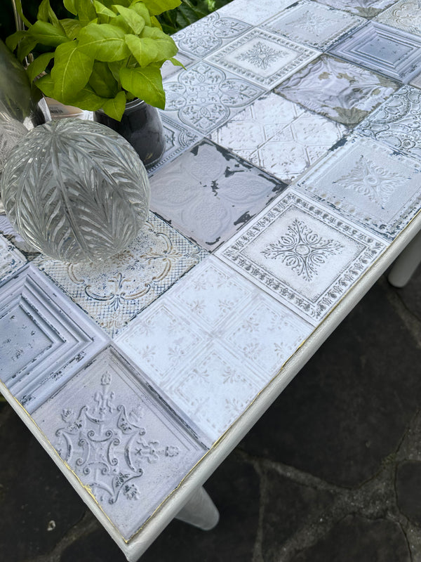 Chunky hall table in white rustic paintwork with tile decoupage top NZ 