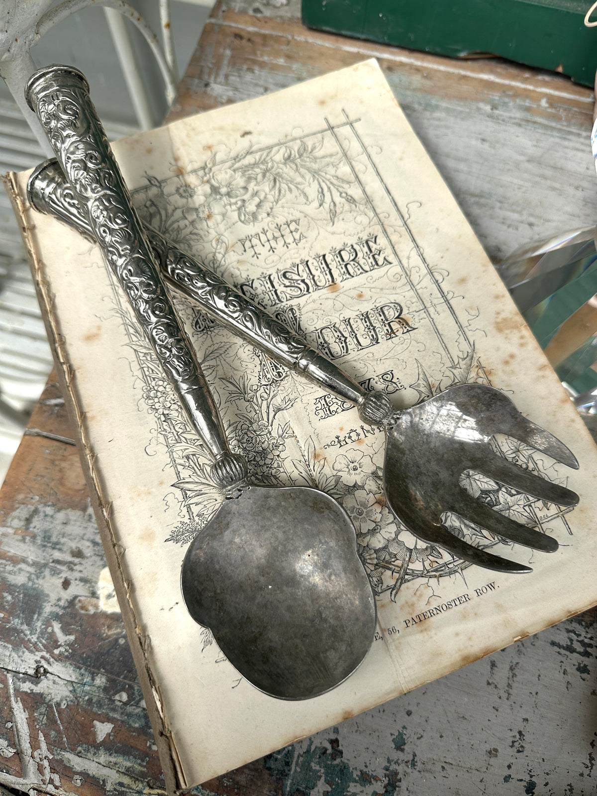 Salad servers aged vintage silver metal PAIR