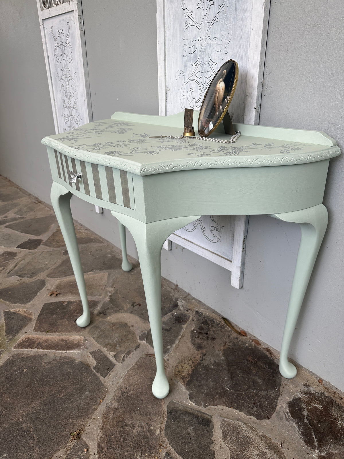 Mint & Silver Bird Demi Lune Table