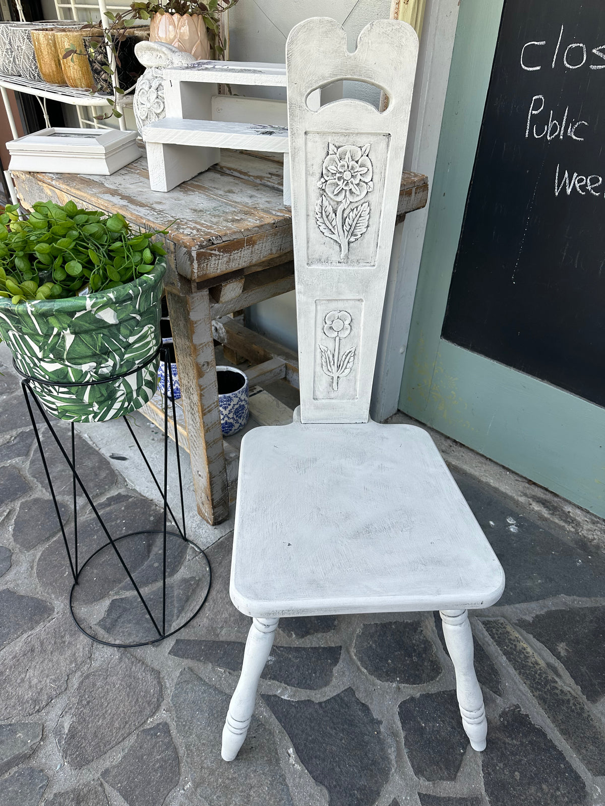 White Shabby Chic carved chair - painted ex the PMV studio