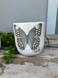 Hand painted Ceramic Pot white w butterfly