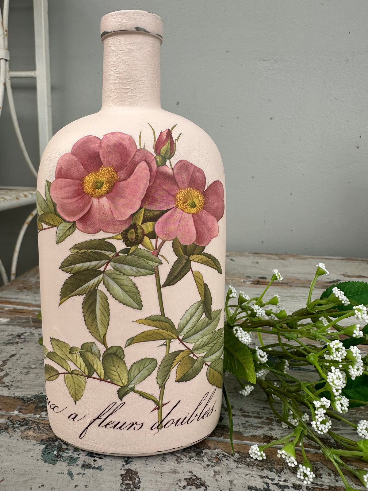 Glass bottle large Pink with pink floral ex the PMV studio