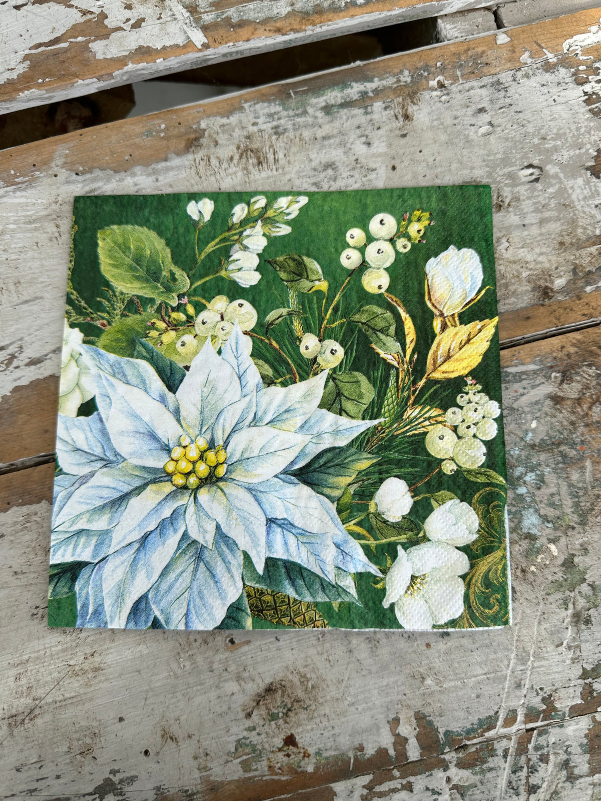 Winter Blooms Green & White Napkin for Decoupage