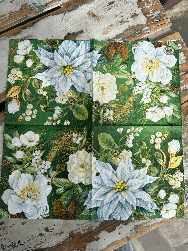 Winter Blooms Green & White Napkin for Decoupage