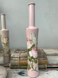 Glass bottle painted Pink with pink floral- ex the PMV studio