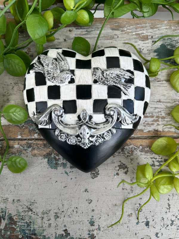 Wall heart Black & White checkers w silver birds