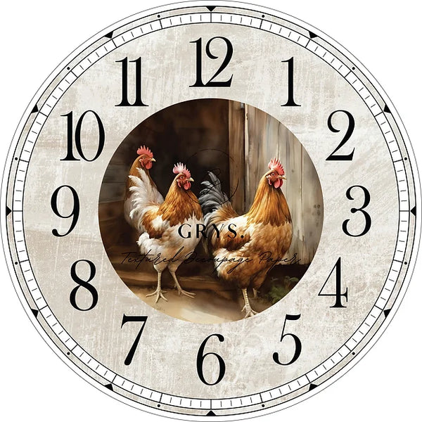 Clock Farm Chickens Paper for Decoupage