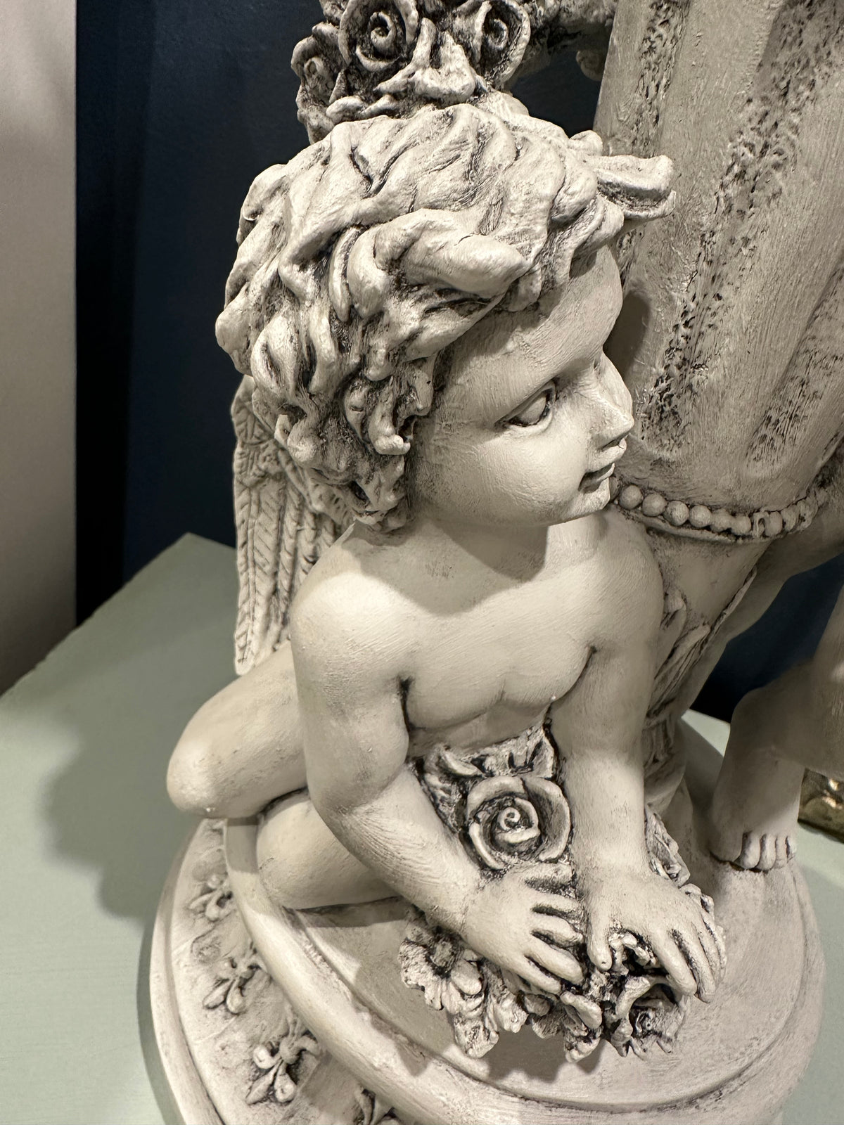 We love finding the unusual and this angelic cherub statue is  signature Paint Me Vintage piece. We attached a flat wood plate to the top to make it usable as a decor riser or plinth in a room. All the wonderful details have been highlighted with carbon black wax over the chalk paint finish. Totally bespoke.  Dimensions 610mm height