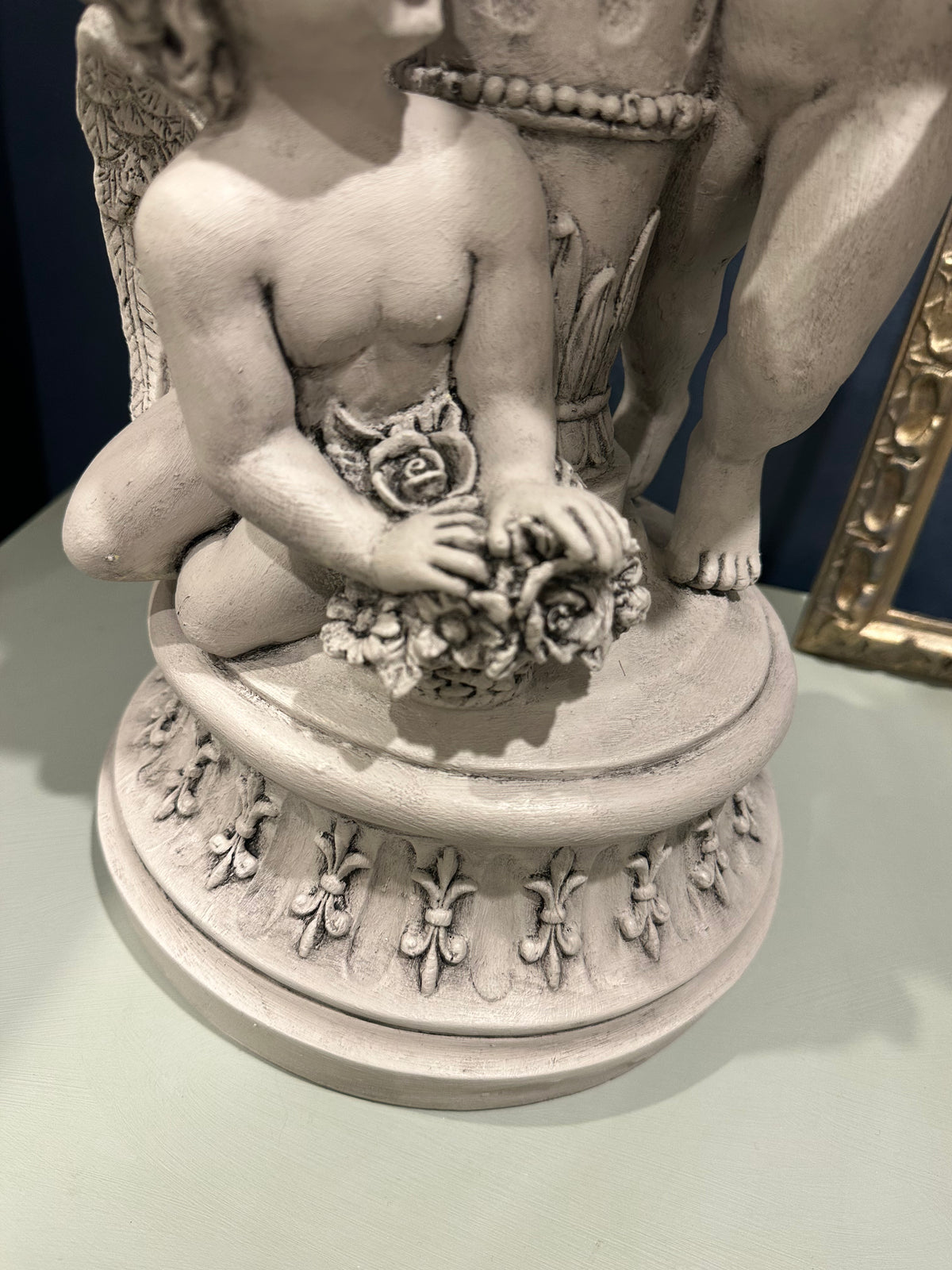 We love finding the unusual and this angelic cherub statue is  signature Paint Me Vintage piece. We attached a flat wood plate to the top to make it usable as a decor riser or plinth in a room. All the wonderful details have been highlighted with carbon black wax over the chalk paint finish. Totally bespoke.  Dimensions 610mm height