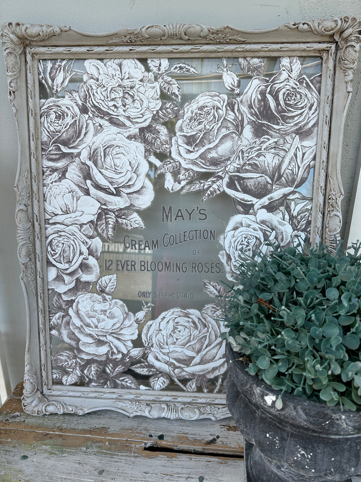 To create this artwork we have used the original glass to apply an IOD transfer to it and painted up the frame to complement it, in Rivers Peak chalk paint and sealing and detailing in Dark wax. Creating a stunning artwork that needs to stay out of direct sun due to potential fading of the transfer..  Dimensions approx 620mm x 520mm