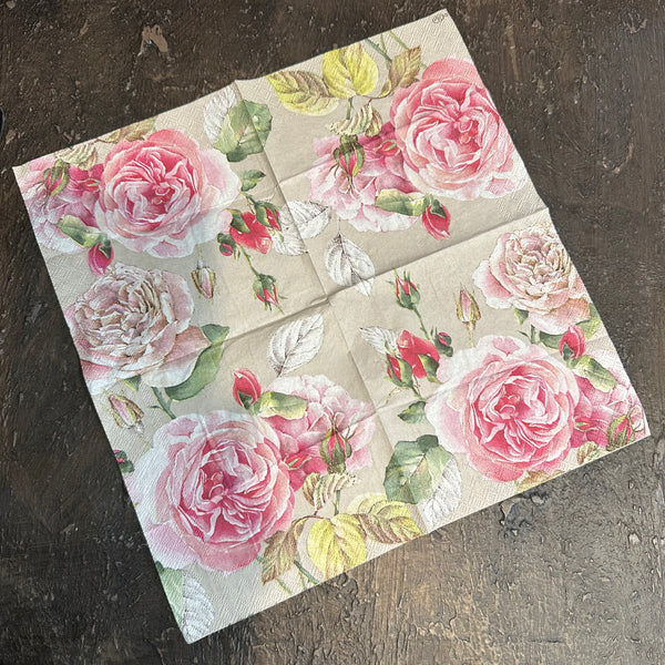 Roses on greige Napkin for Decoupage