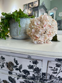 This stunning cabriolet legged and slightly bow fronted tallboy needed a special application.  Painted all over in the softest of pink colours Old Chiffon;  it features a timeless IOD transfer and a shimmering metallic finish on the original drawer pulls  We wanted her to be soft and pretty. Collect only from our Tauranga store  Dimensions approx 700mm width x 1080mm height x 460mm depth