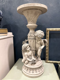 We love finding the unusual and this angelic cherub statue is  signature Paint Me Vintage piece. We attached a flat wood plate to the top to make it usable as a decor riser or plinth in a room. All the wonderful details have been highlighted with carbon black wax over the chalk paint finish. Totally bespoke.  Dimensions 610mm height