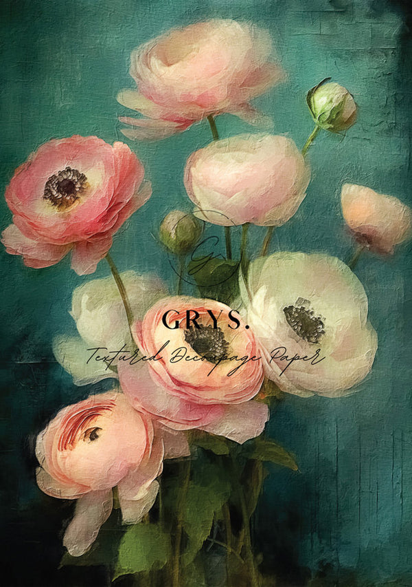 Teal Ranunculus Paper for Decoupage A1