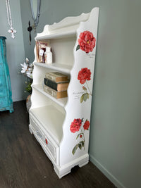 Red Roses and White Bookshelf display