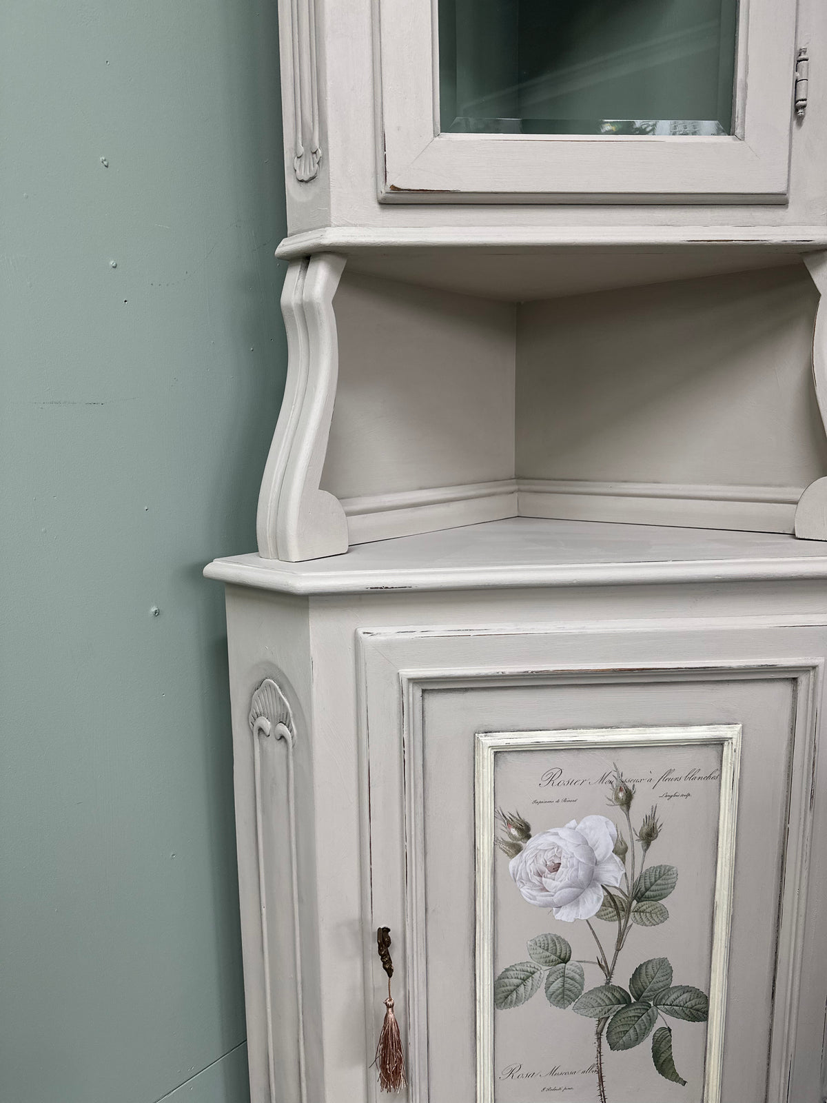 An old piece of furniture given a classic and pretty French Provincial look using florals and premium chalk paint. Has a two tone look with Duck egg on the interior and comes with original key!  Dimensions approx: 2000mm height x 540mm depth