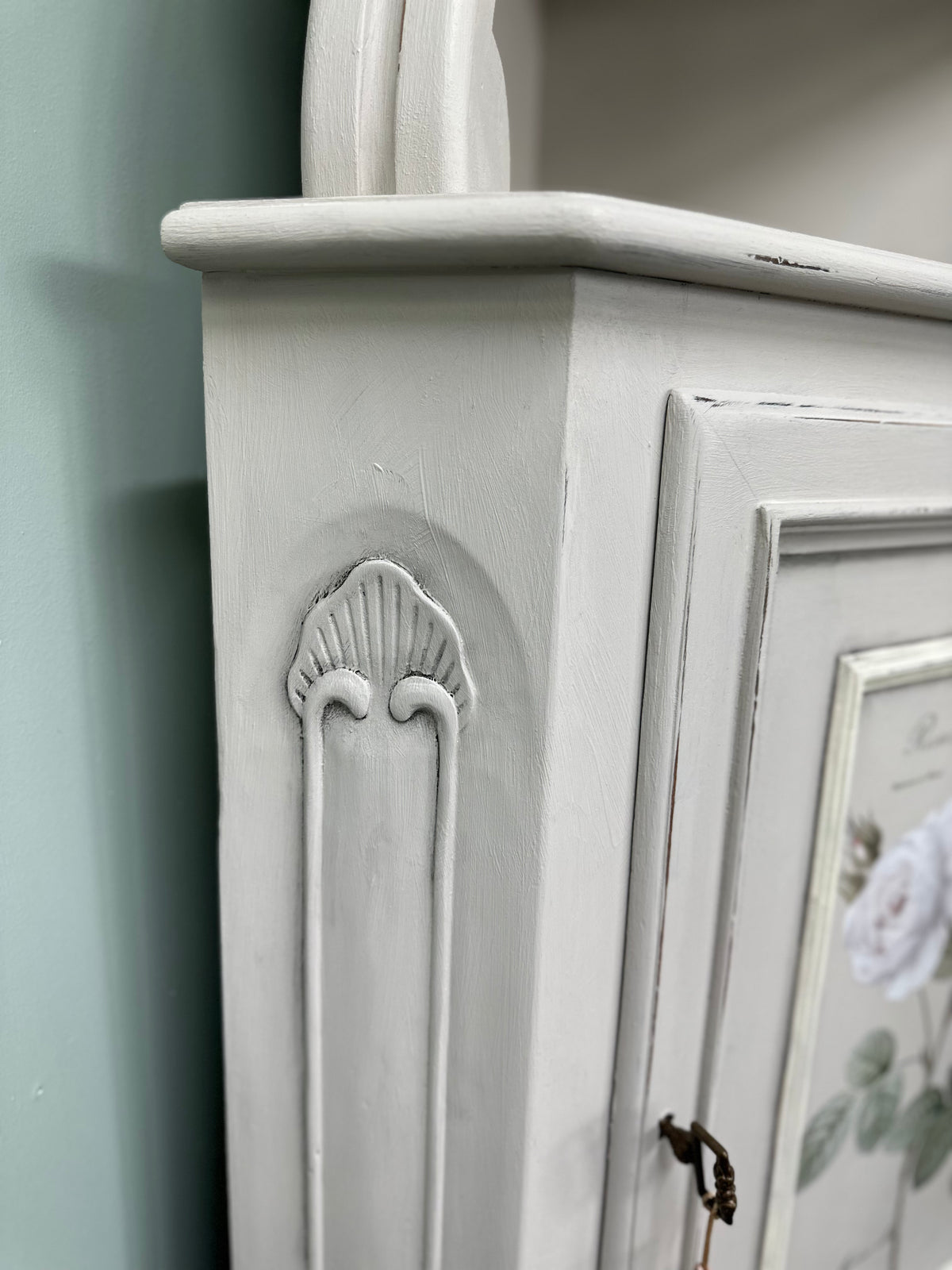 An old piece of furniture given a classic and pretty French Provincial look using florals and premium chalk paint. Has a two tone look with Duck egg on the interior and comes with original key!  Dimensions approx: 2000mm height x 540mm depth