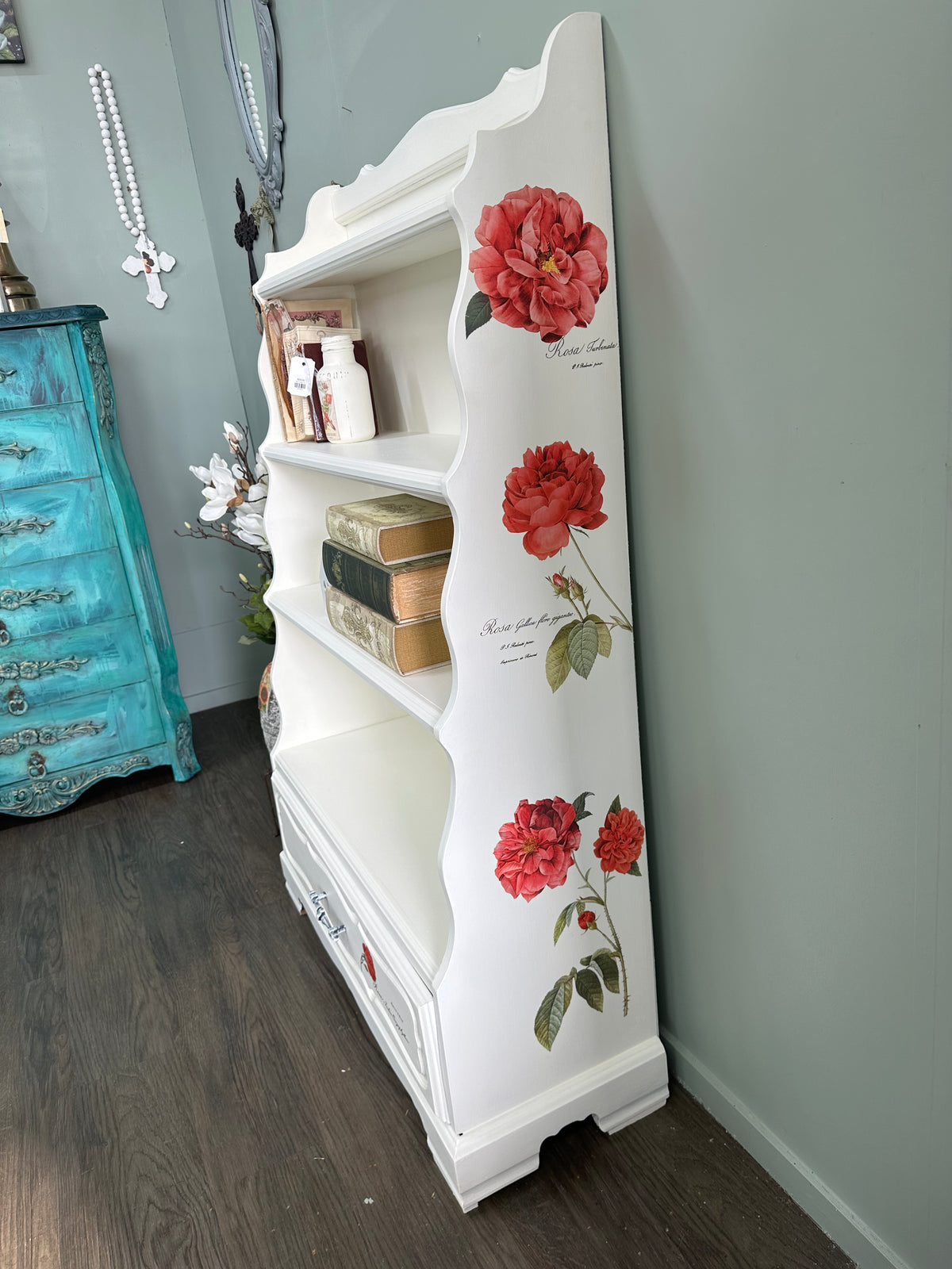 Red Roses and White Bookshelf display