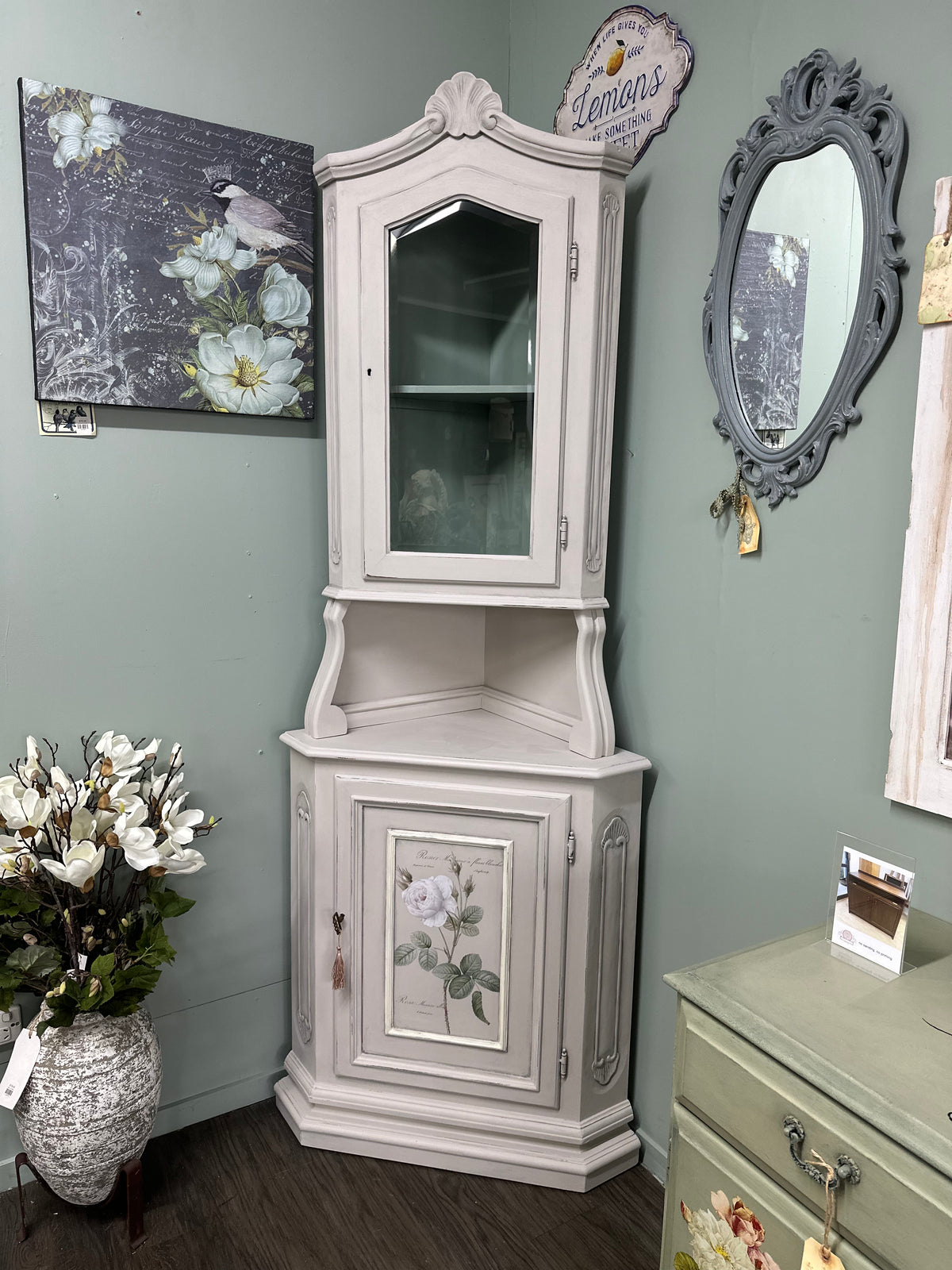 An old piece of furniture given a classic and pretty French Provincial look using florals and premium chalk paint. Has a two tone look with Duck egg on the interior and comes with original key!  Dimensions approx: 2000mm height x 540mm depth