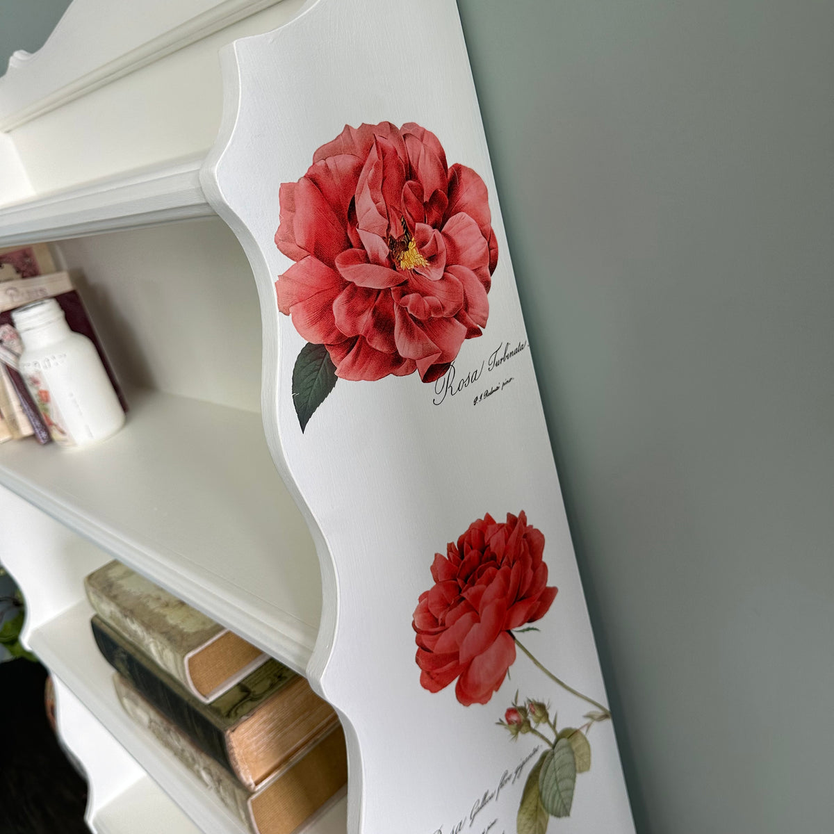 Red Roses and White Bookshelf display